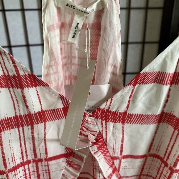 Avec Les Filles | Plaid Windowpane Grid Check Mini Dress White Red  S  CP - Picture 4 of 6